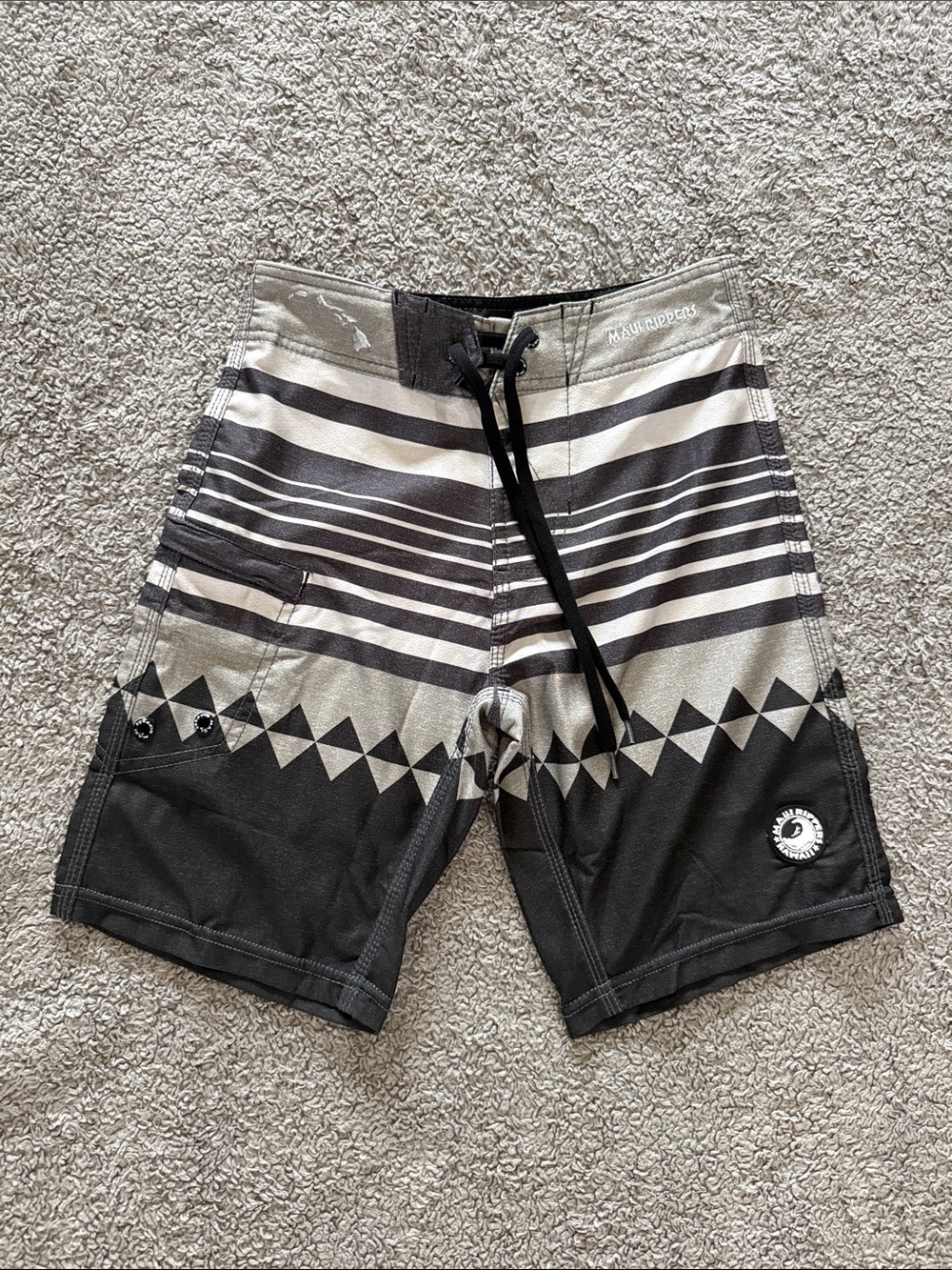 Youth Black & Gray Striped Swim Trunks with Geometric Print